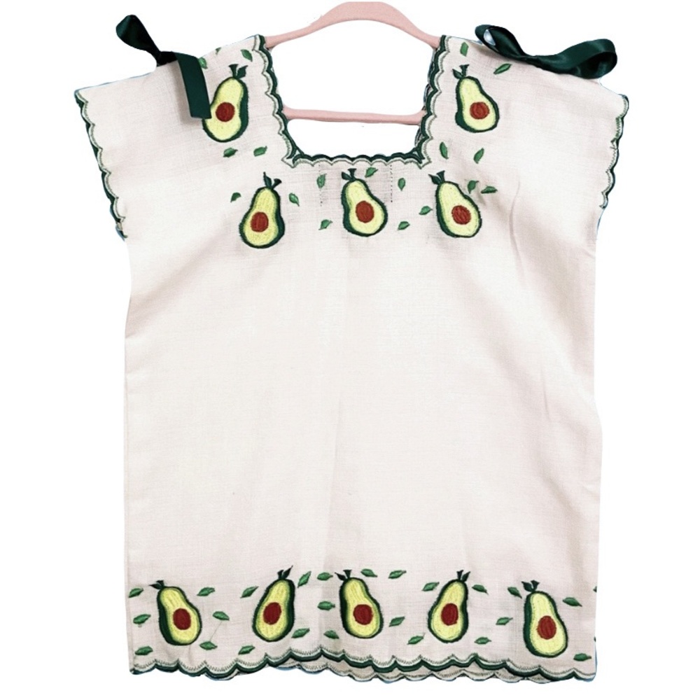 Girls Linen Avocado Embroidered Mexican Dress